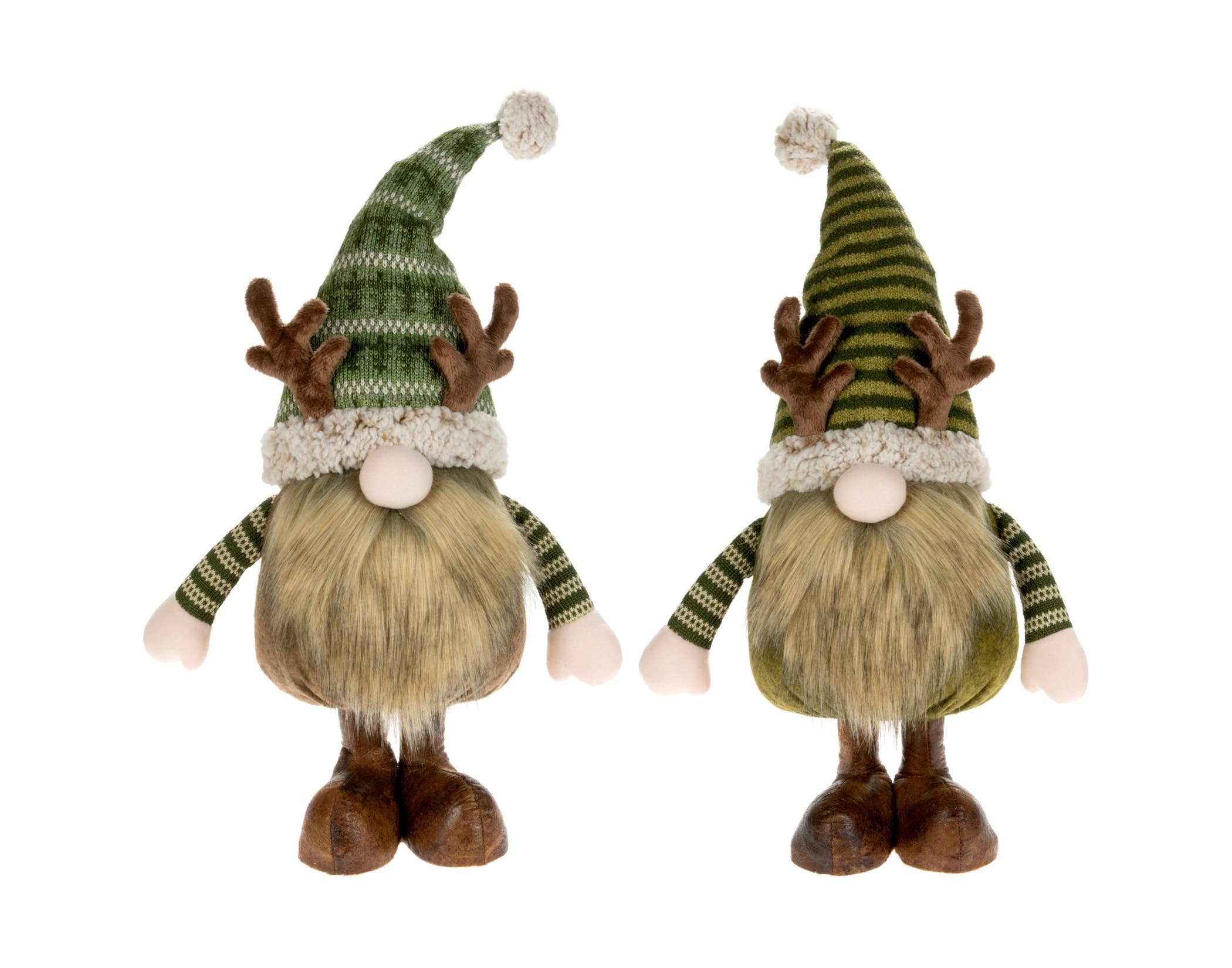 Two Gnome: Gnome With Antlers plush figurines, featuring brown antlers and bushy beards, are wearing green striped hats with patterns as they stand side by side against a white background.