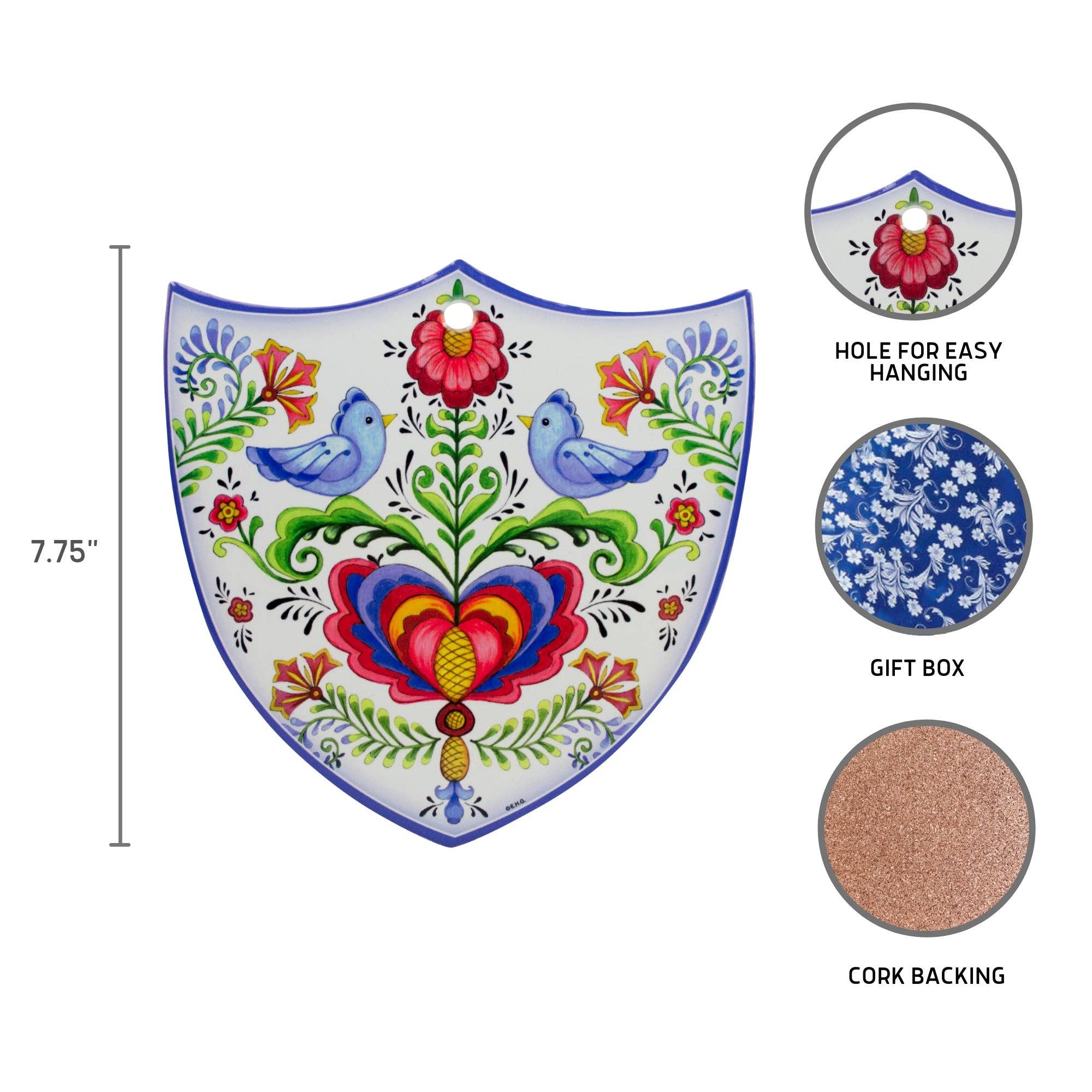 Tile: Lovebirds Folk Art Cork Backed Ceramic Shield – a 7.75" Nordic wall decor with colorful Scandinavian birds, cork backing, a hanging hole, and matching gift box. A unique Swedish novelty gift for any occasion.