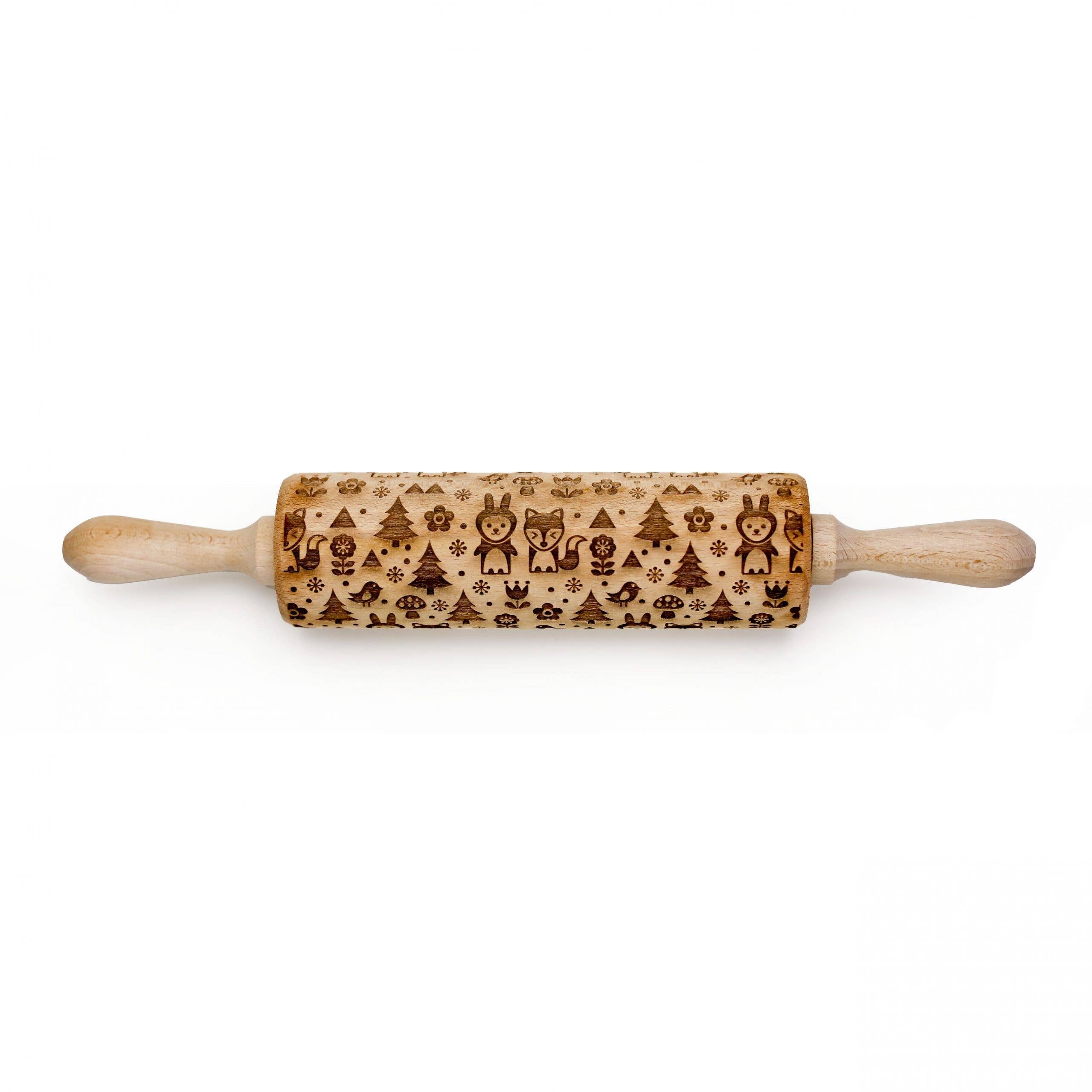 Embossing rolling pin featuring engraved designs of foxes and rabbits with a charming Scandinavian pattern.