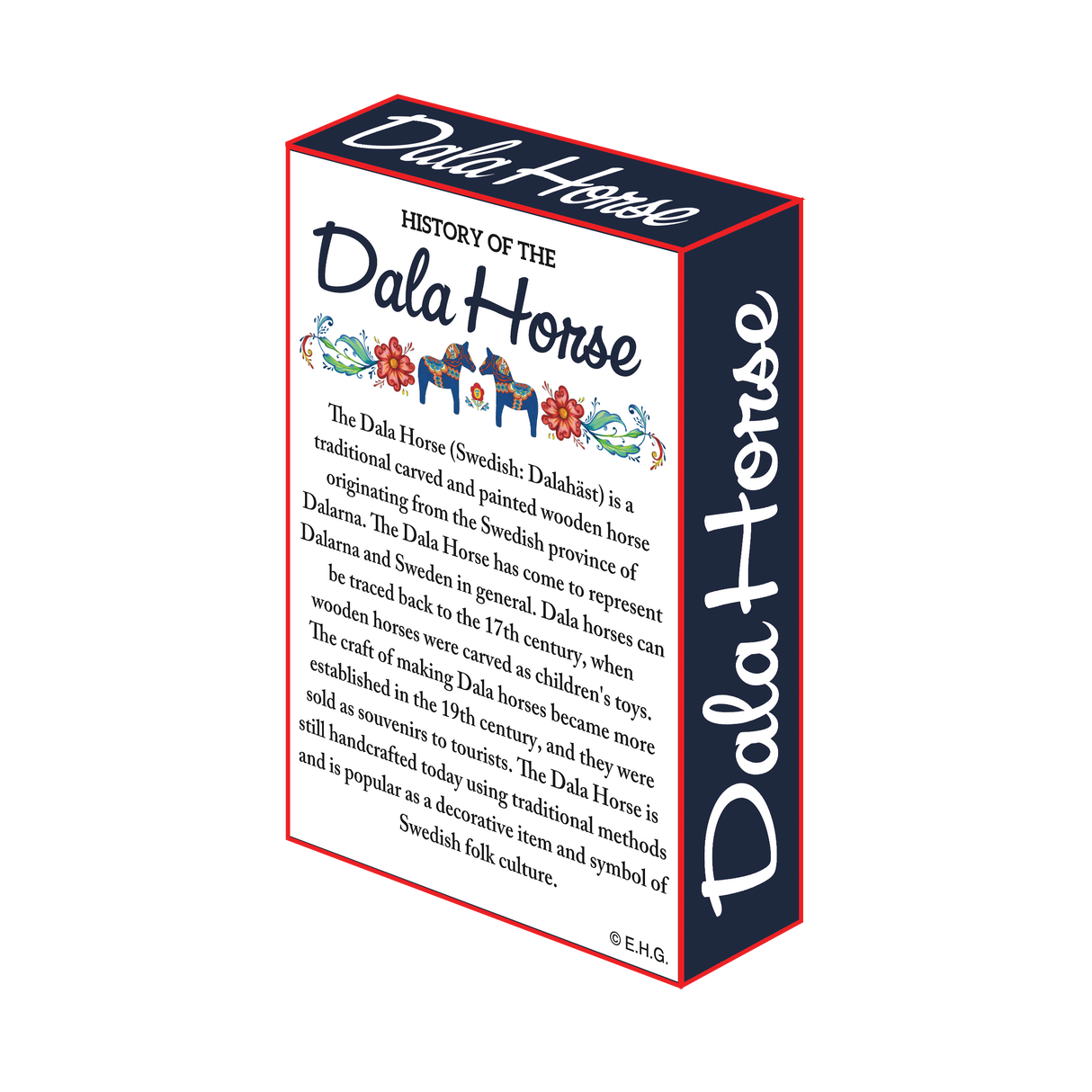 Box illustration features Dala Horse on the sides, exploring its history as a cherished 17th-century Swedish folk symbol. This deck of playing cards, named Playing Cards: Swedish Dala Horse with Scandinavian Design, captures its essence and intricate Scandinavian ice star patterns.