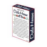 Box illustration features Dala Horse on the sides, exploring its history as a cherished 17th-century Swedish folk symbol. This deck of playing cards, named Playing Cards: Swedish Dala Horse with Scandinavian Design, captures its essence and intricate Scandinavian ice star patterns.