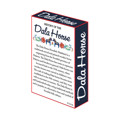 Box illustration features Dala Horse on the sides, exploring its history as a cherished 17th-century Swedish folk symbol. This deck of playing cards, named Playing Cards: Swedish Dala Horse with Scandinavian Design, captures its essence and intricate Scandinavian ice star patterns.