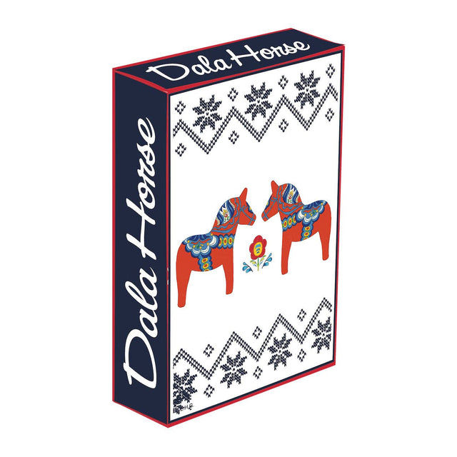 Box features Playing Cards: Swedish Dala Horse with Scandinavian Design Deck of Playing Cards adorned with two red Swedish Dala Horses facing each other, surrounded by Nordic floral and Scandinavian ice star patterns.