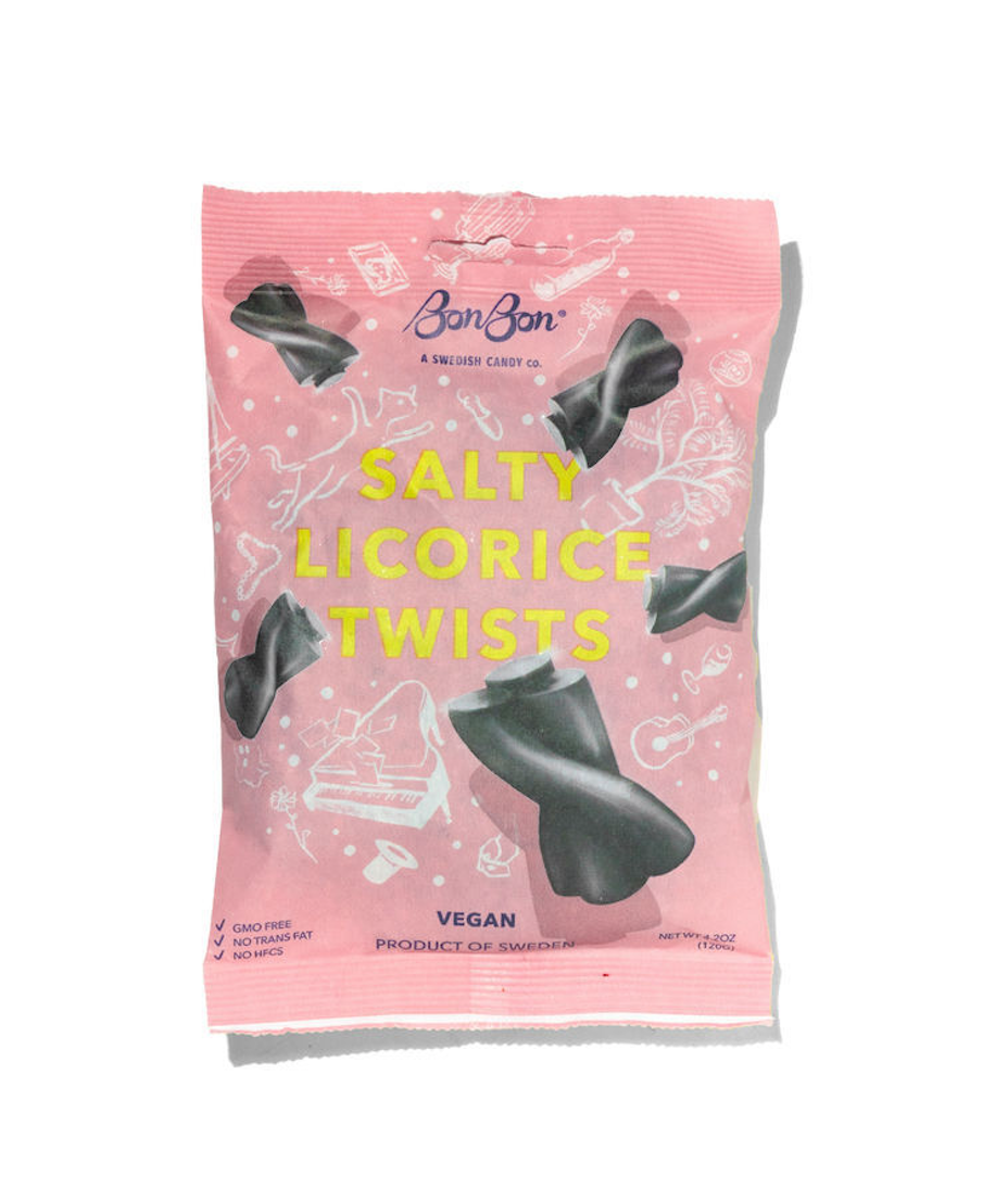 A 120g pink bag of BonBons vegan and GMO-free Salty Licorice Twists, adorned with candy illustrations, captures Swedish tradition with each bold, salty twist.