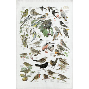 Tea Towel: Garden Birds by Carl Christian Tofte—features illustrated British garden birds labeled among plants, printed on 100% organic cotton (19x27) by Koustrupco.