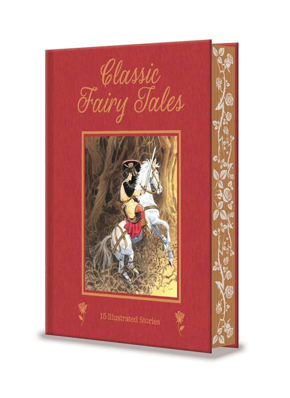 The Classic Fairy Tales by Hans Christian Andersen from Simon & Schuster is a red hardcover book featuring gold lettering, an ornate border, and an illustration of a knight on a white horse. The spine and page edges are adorned with floral designs, enhancing this 256-page English edition into a timeless children’s classic.