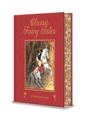 The Classic Fairy Tales by Hans Christian Andersen from Simon & Schuster is a red hardcover book featuring gold lettering, an ornate border, and an illustration of a knight on a white horse. The spine and page edges are adorned with floral designs, enhancing this 256-page English edition into a timeless children’s classic.