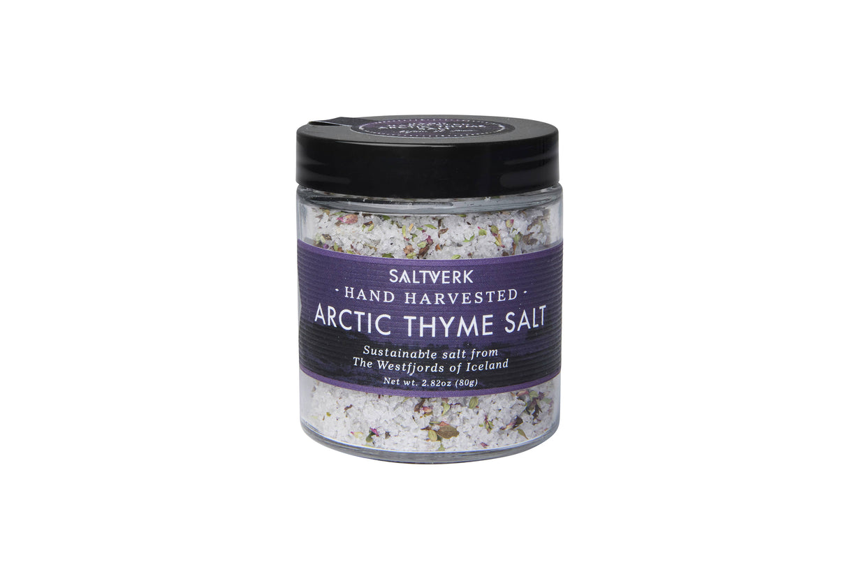 The Saltverk Gift Set features four Icelandic sea salts—Flaky Sea Salt, Lava Salt, Birch Smoked Salt, and Arctic Thyme Salt—sustainably harvested from the Westfjords.