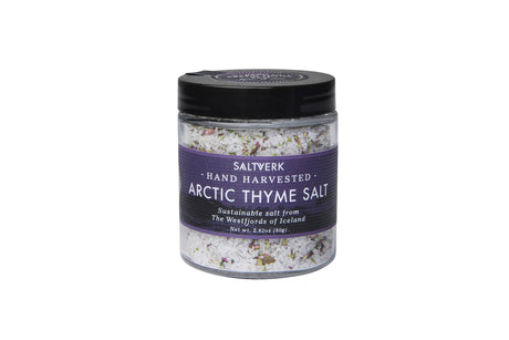 The Saltverk Gift Set features four Icelandic sea salts—Flaky Sea Salt, Lava Salt, Birch Smoked Salt, and Arctic Thyme Salt—sustainably harvested from the Westfjords.