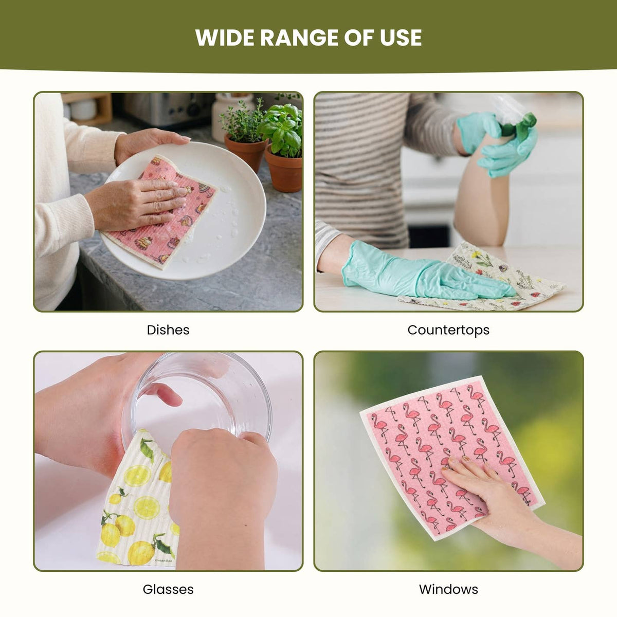 A person uses patterned Swedish dishcloths to wipe dishes, a countertop, a glass, and a window.