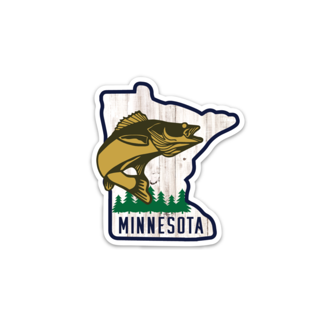 Illustration depicting the Minnesota State Fish, a Walleye, set against the backdrop of Minnesota's outline with trees and the word "Minnesota" at the bottom. Featured on: Sticker: Minnesota Walleye.