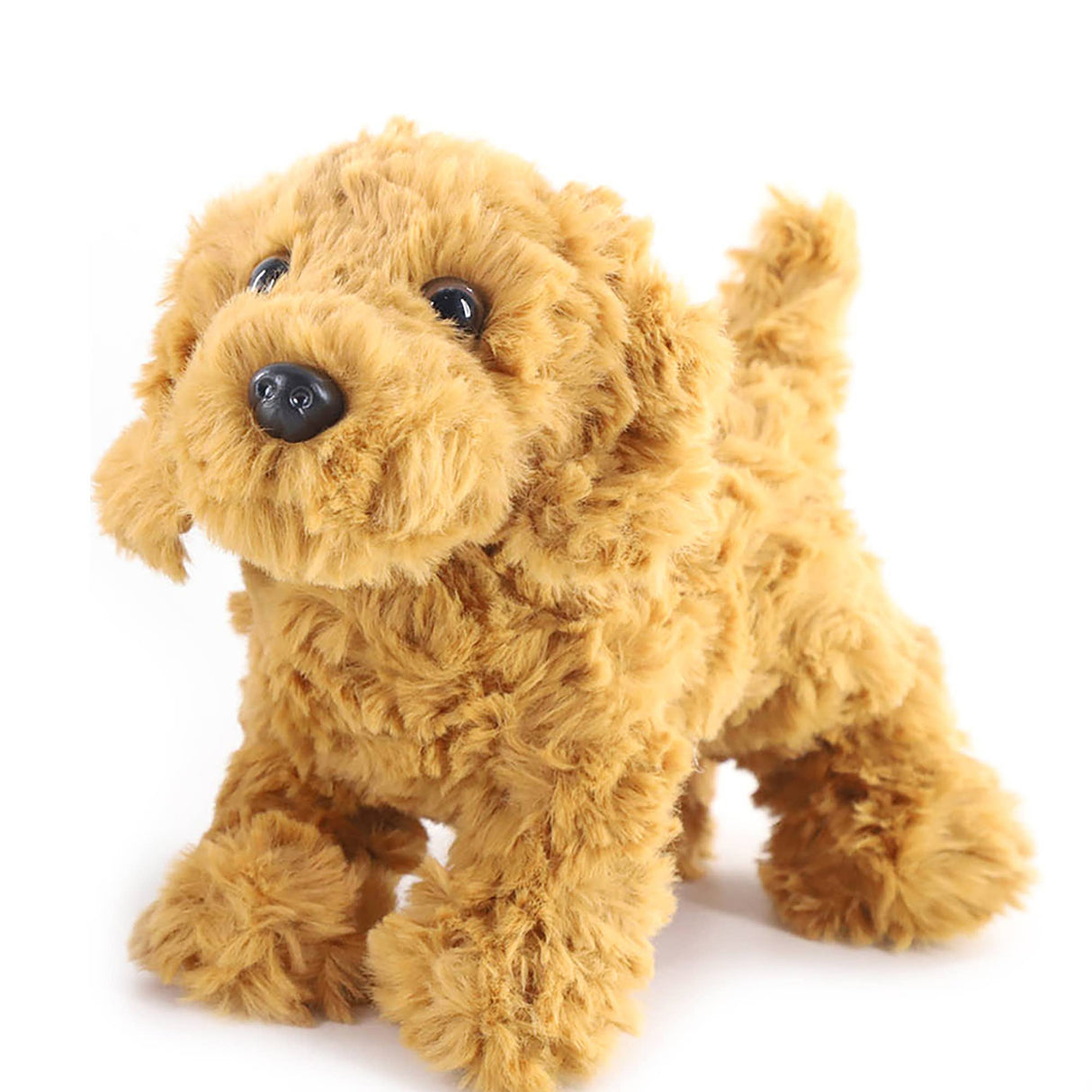 Golden Doodle plush toy with light, fluffy fur, black eyes, and a black nose standing on all fours against a white background.