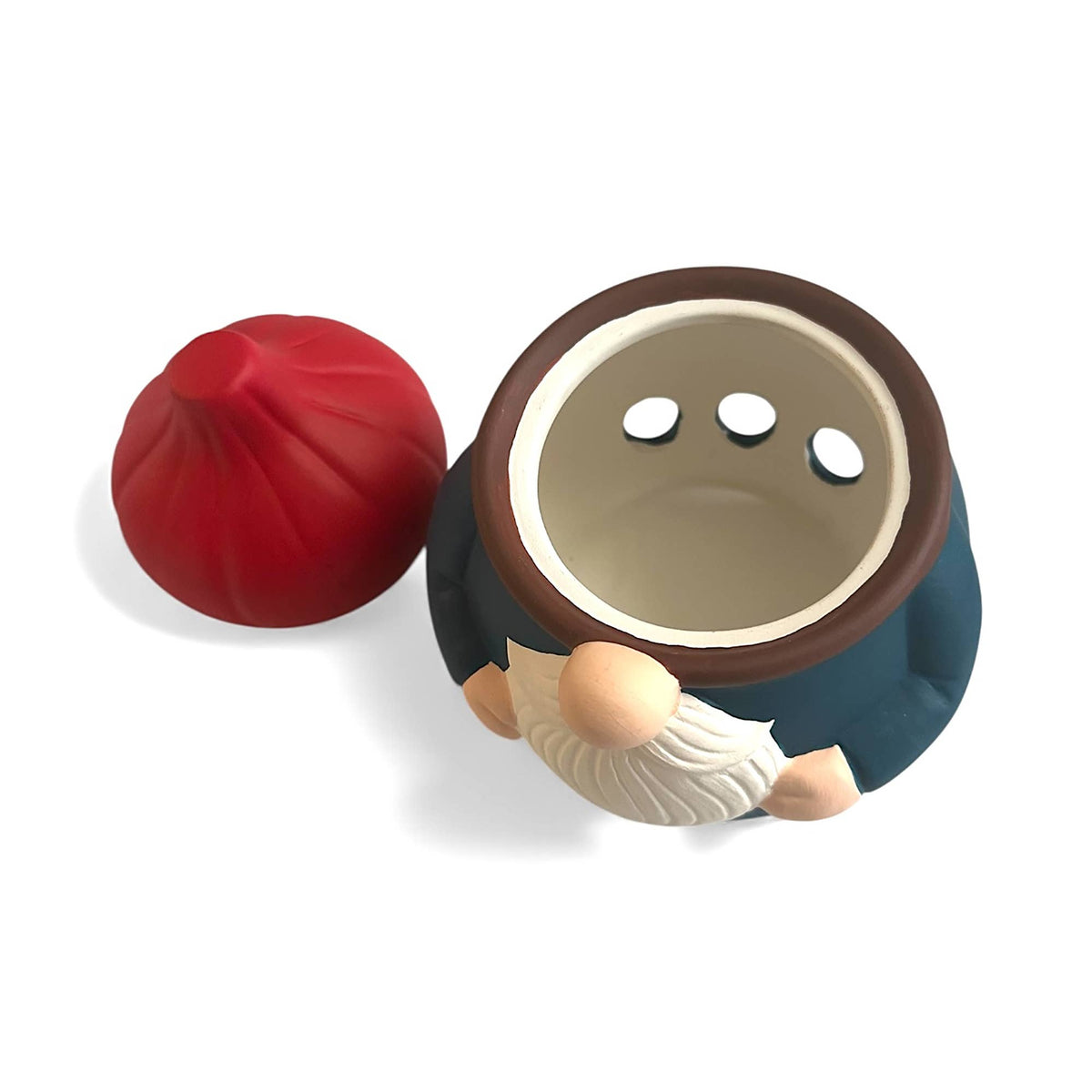 Gnome-shaped ceramic container with a removable red hat lid, blue coat, white beard, and interior vent holes.