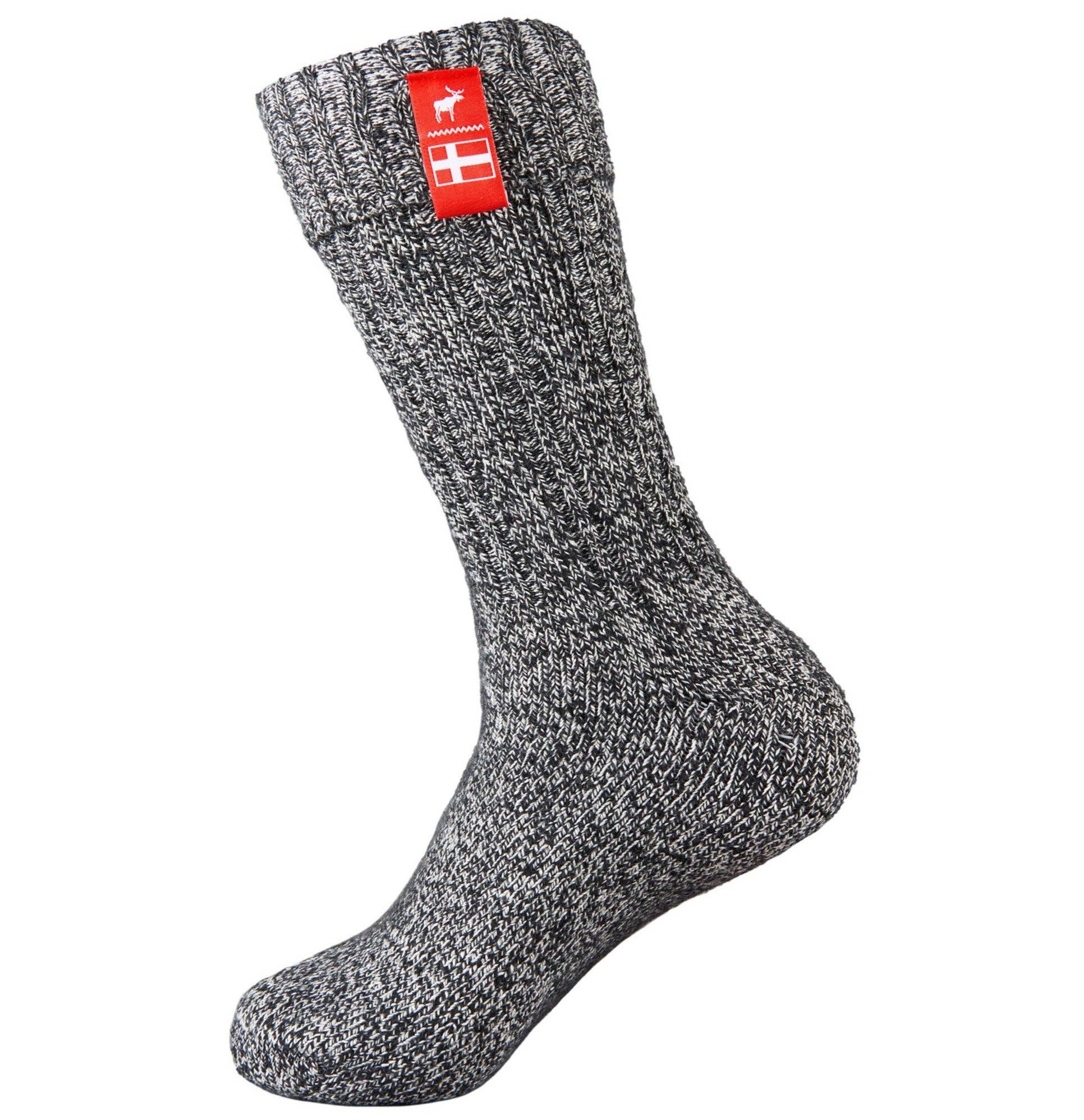 Experience the essence of Danish Hygge coziness with a single gray knit sock from the "Nordic Noir" collection, adorned with a red and white label featuring a logo near the cuff, perfect for winter days.