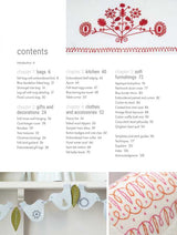 Table of contents page from Scandi Needlecraft: 35 step-by-step projects to make by Clare Youngs, featuring section headings, page numbers, and photos of red embroidery and a Scandinavian-inspired paper bird garland.