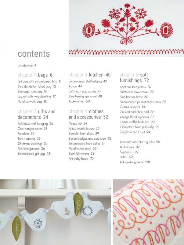 Table of contents page from Scandi Needlecraft: 35 step-by-step projects to make by Clare Youngs, featuring section headings, page numbers, and photos of red embroidery and a Scandinavian-inspired paper bird garland.