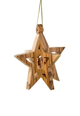 Bethlehem ornament shaped like a star and crafted from olive wood, showcasing an intricate cut-out design with a string for hanging. The "3D Star with Stable and Nativity" ornament is perfect for adding a touch of elegance to your Christmas tree decor.