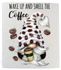 The Dish Cloth: Gnome Wake Up Smell the Coffee Kitchen SWEDISH DISH CLOTH features a gnome with a coffee bean-patterned hat, holding a cup and surrounded by beans, with “Wake up and smell the coffee” on an ecofriendly Swedish dishcloth.
