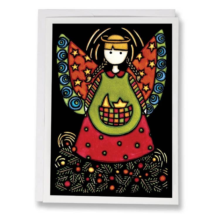 This Card Pack: Angel Packaged 8 Holiday Cards showcases a colorful illustration of an angel with intricately patterned wings and a green dress, holding a basket. The background is adorned with a starry design and abstract shapes, perfect for holiday greeting cards that capture the unique style of Sarah Angst Art.