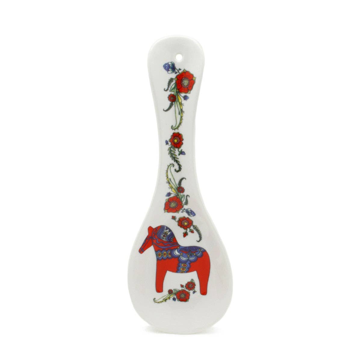 The Spoon Rest: Swedish Red Dalarna Horse Ceramic brings Scandinavian elegance to any kitchen with its vibrant depiction of the iconic Swedish red Dalarna horse and intricate floral design, adding a charming touch.