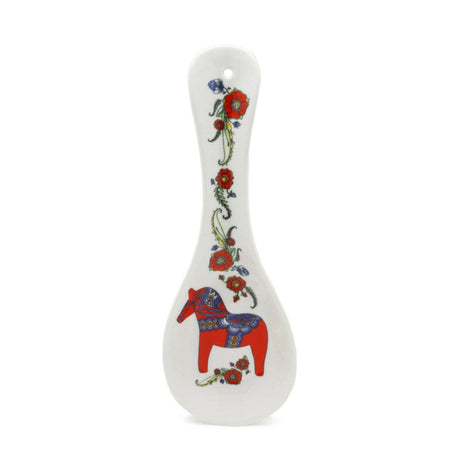 Ceramic spoon rest featuring a vibrant red Dala horse with kurbits-inspired Swedish floral patterns; Spoon Rest: Swedish Red Dalarna Horse - Dala Horse with Kurbits - Swedish Flowers Ceramic Spoon Rest.