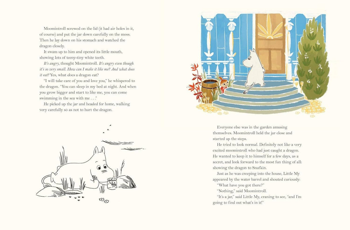 A two-page spread from Book: Last Dragon in Moominvalley by Tove Jansson—left page has a black-and-white creature examining an egg; right shows the colored Last Dragon on blue steps near a door, inspired by Jansson’s art.