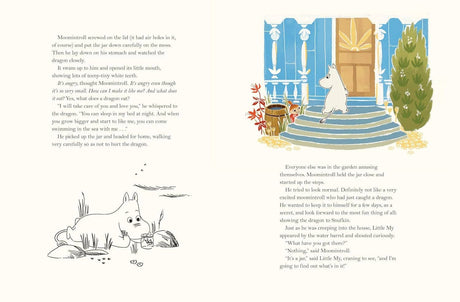 A two-page spread from Book: Last Dragon in Moominvalley by Tove Jansson—left page has a black-and-white creature examining an egg; right shows the colored Last Dragon on blue steps near a door, inspired by Jansson’s art.