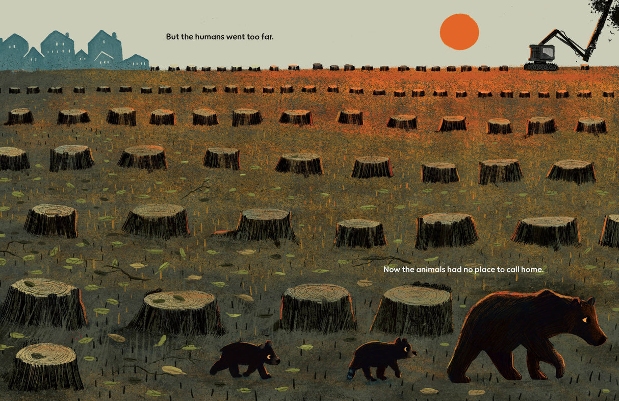 In the world of "There's No Place Like Gnome's" by NYT Best Selling Illustrator Scott Magoon, a bear and two cubs trek through stumps as an excavator works in the distance, with the red sun setting behind houses—like a scene from a storybook.