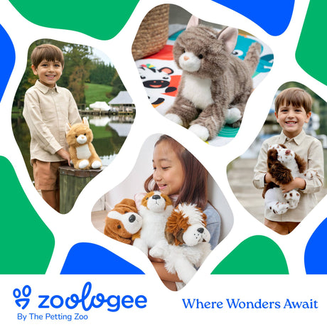 Children with stuffed animals, including a Golden Doodle plush. Zoologee logo and the tagline Where Wonders Await are shown underneath.