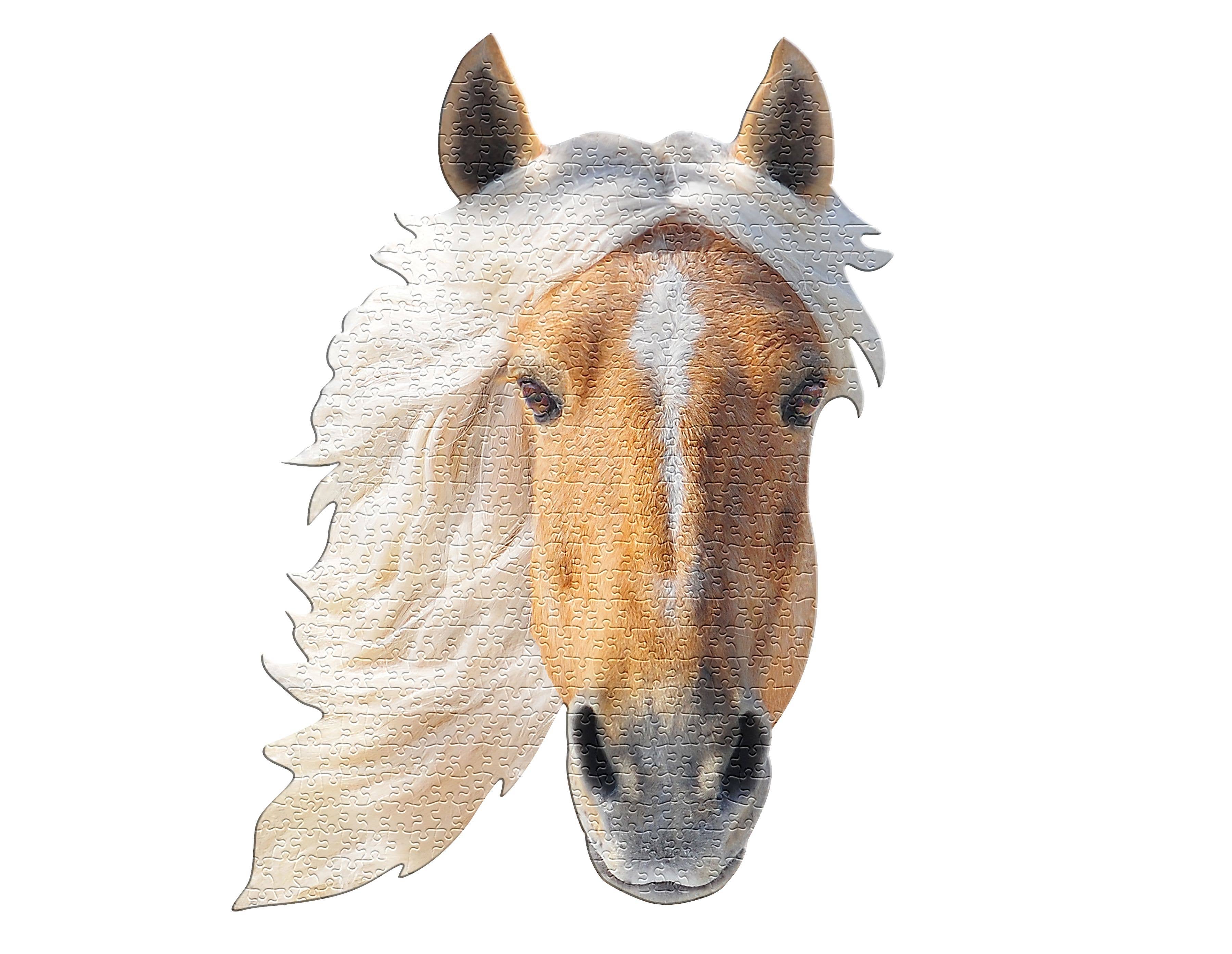 Introducing the "Puzzle: I AM Horse 550 piece"—an educational jigsaw puzzle showcasing a horse's head-shaped design. It features a flowing white mane set against a pristine white background.