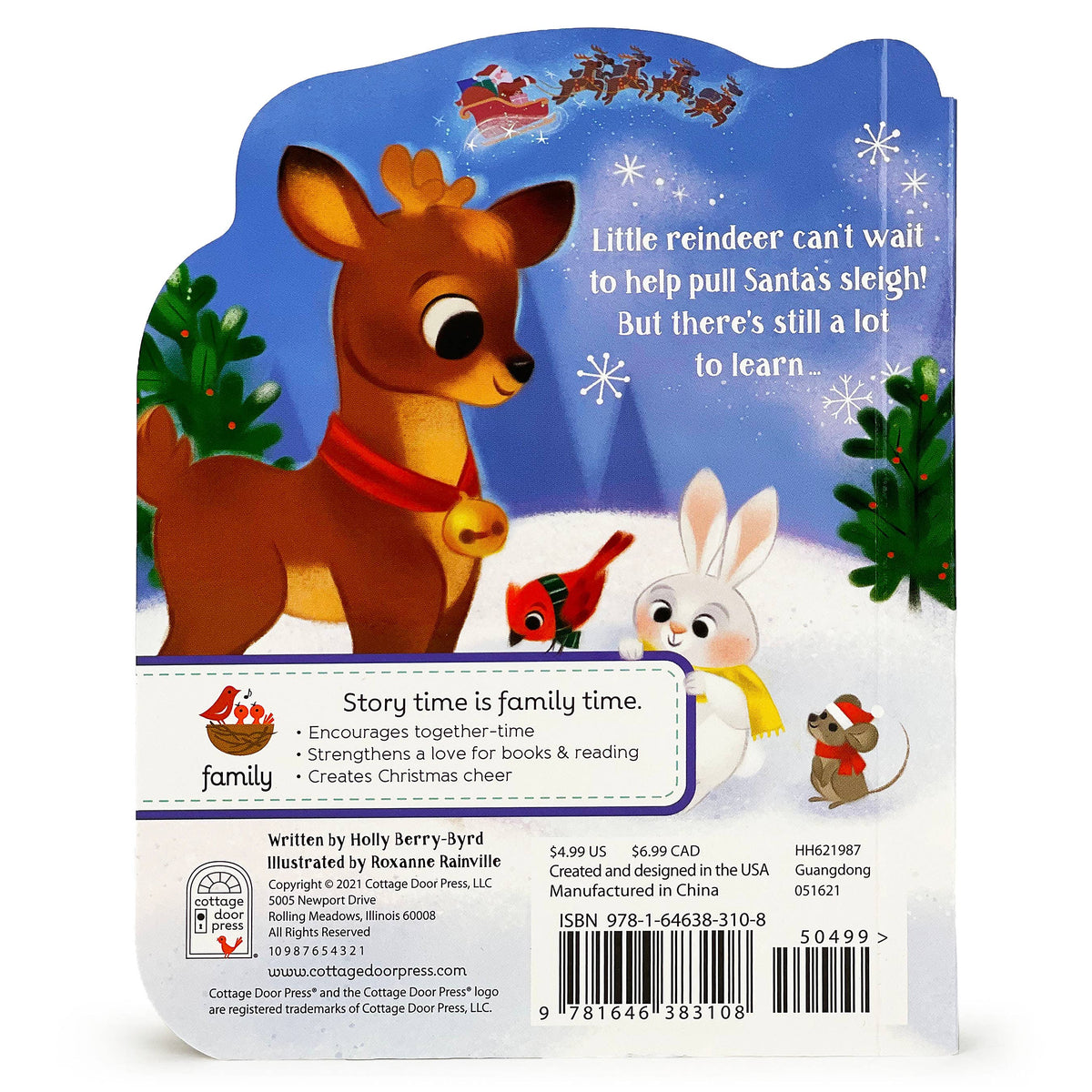 Back cover of a Santa’s sleigh board book featuring an illustration of a reindeer, rabbit, and mouse, with a printed story summary and publishing information.