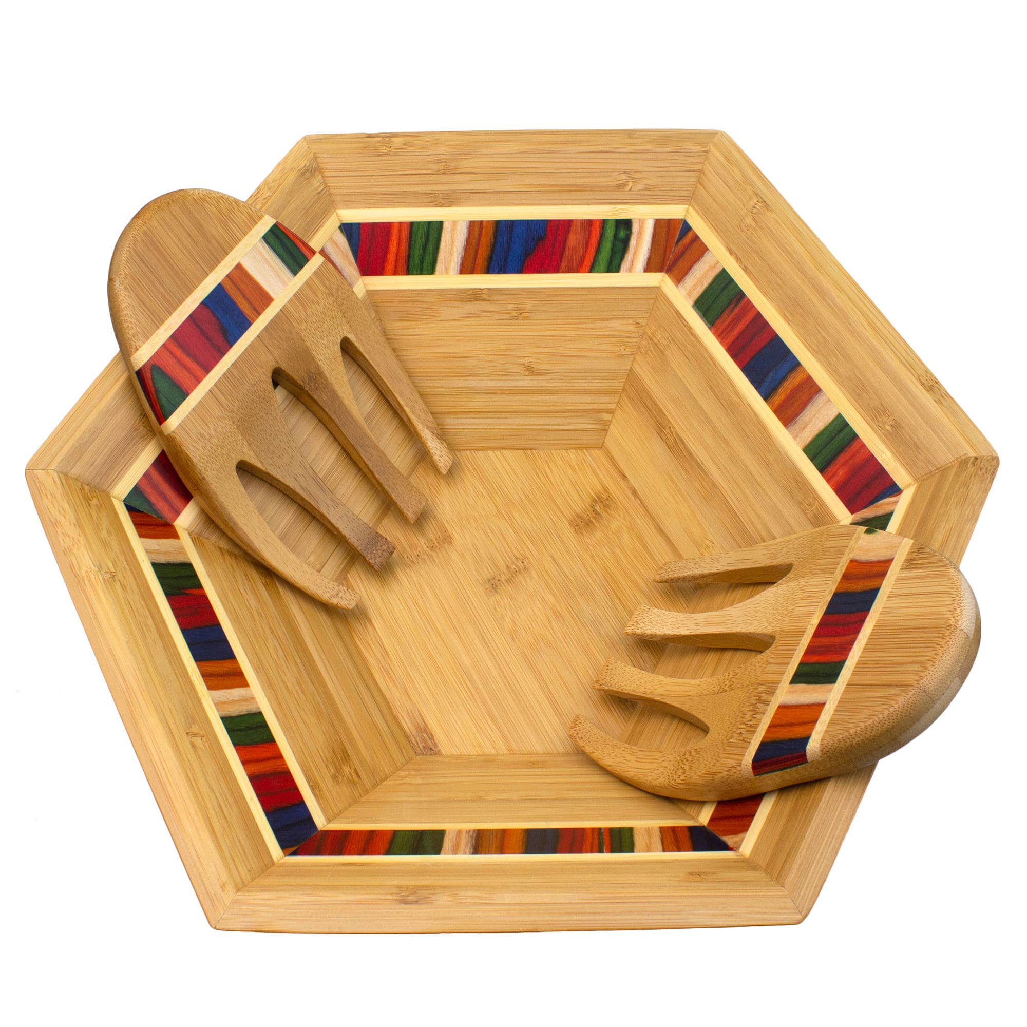 Marrakesh Salad Bowl with Salad Hands, featuring a hexagonal wooden design from the Baltique Marrakesh Collection, showcasing colorful striped inlays on the rim and accompanied by two matching salad hands.