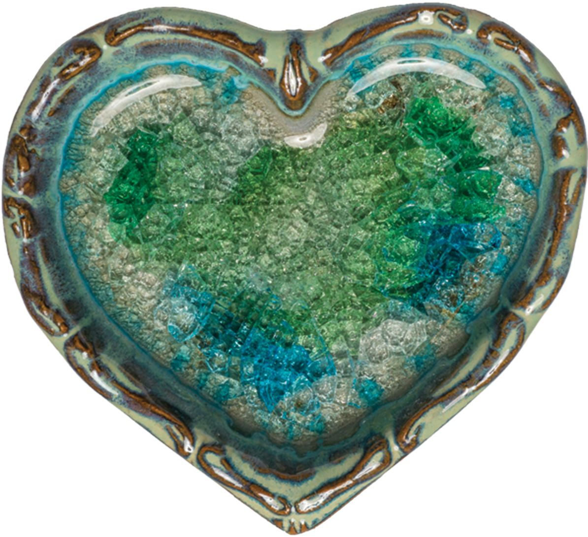 The Dish: Heart Handmade Pottery of Glass & Clay (5.75" diameter) features a textured, crackled green and blue surface with a brown-beige rim—an artisanal heart-shaped piece handcrafted from glass and clay.