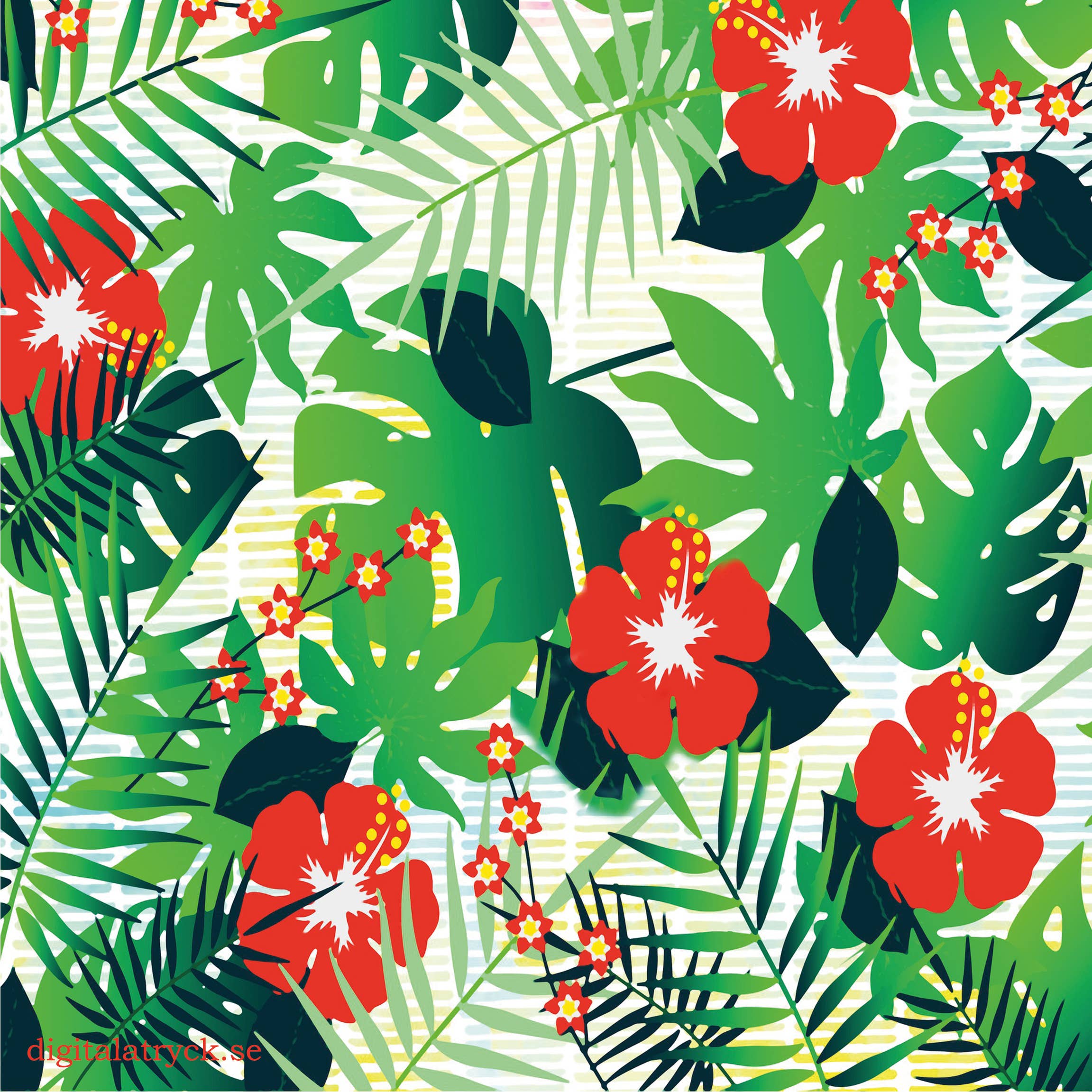 The Tropics Red Hibiscus Dish Cloth features vibrant tropical foliage with large green leaves and bright red hibiscus flowers on a white background, embodying eco-friendly tropics-inspired beauty.