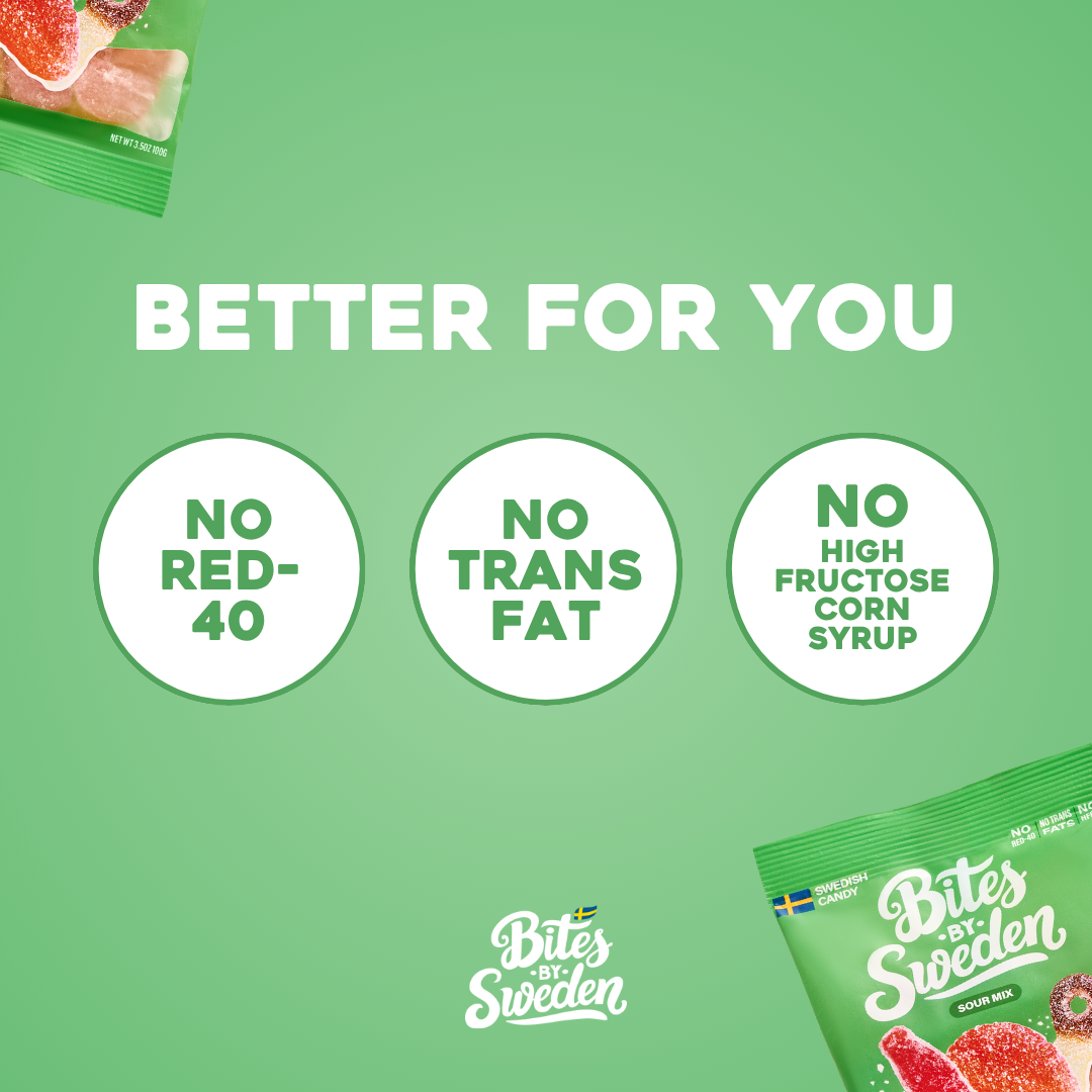 Green background with bags of Swedish gummy candy, text listing: No Red 40, Trans Fat, or High Fructose Corn Syrup. Bites of Sweden logo at the bottom.