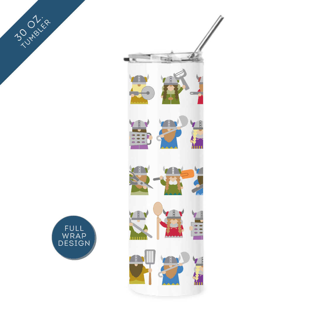 A 20 oz. straight insulated tumbler featuring Cindy Lindgrens Kitchen Vikings Artwork—cartoon Vikings with kitchen utensils from the playful Vikings Kitchen Utensils collection.