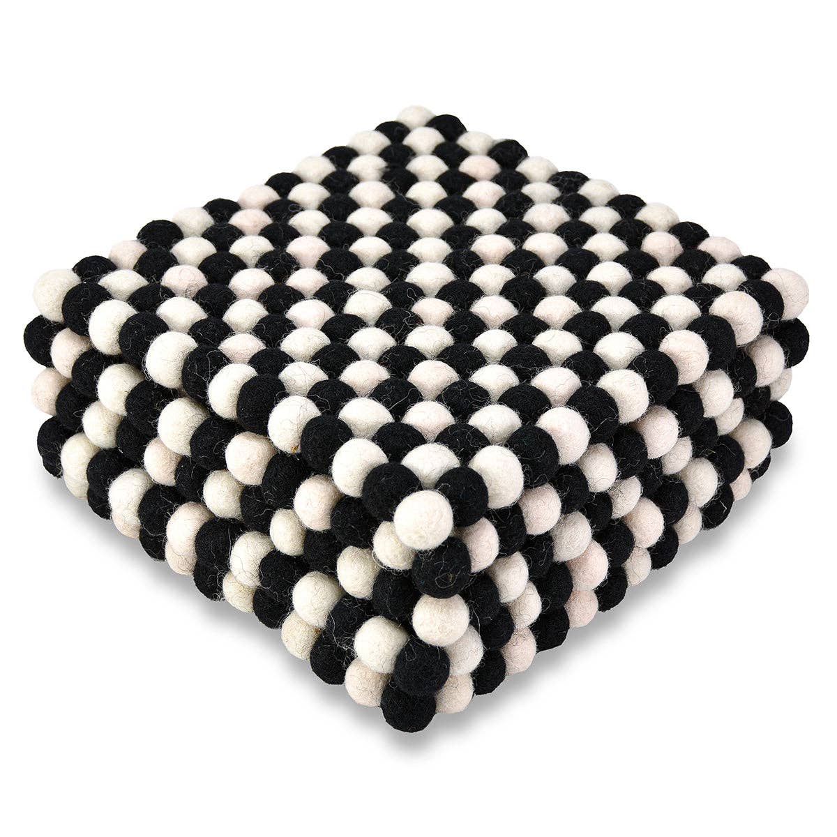 The Square Pom-pom Trivets in Black & White provide sophisticated protection for your dining table with their handcrafted arrangement of wool felt balls in a checkered pattern.