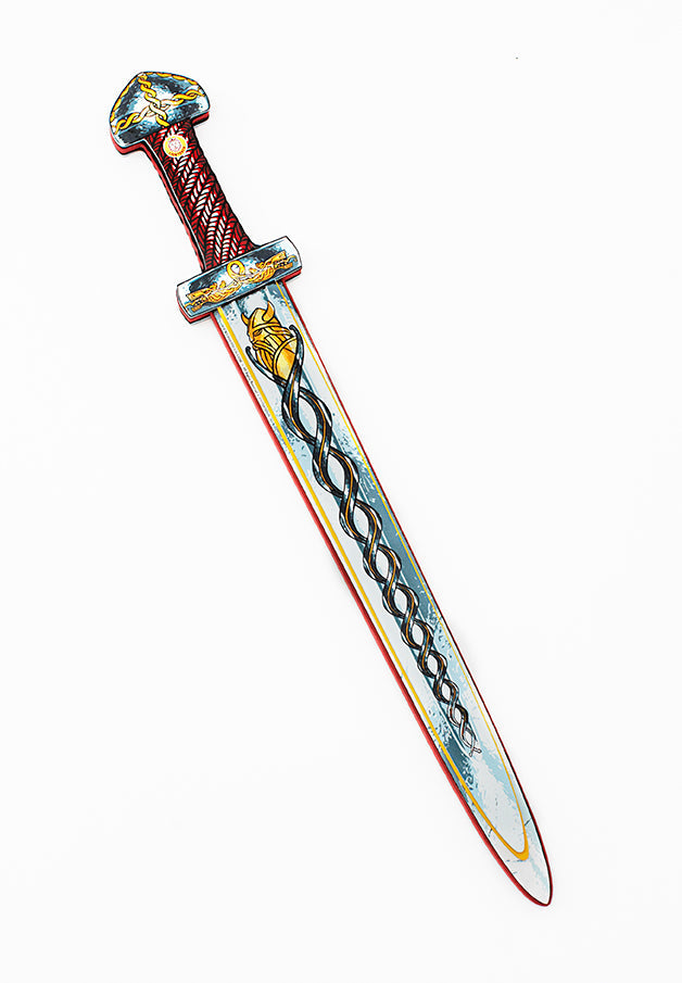 A decorative sword from the Viking Series features a red and gold hilt with intricate blade details, crafted from durable EVA foam for safe pretend-play adventures against a white background.