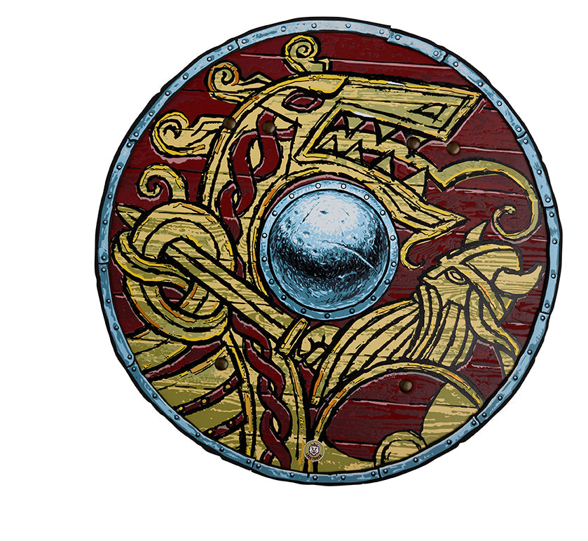 The Shield: Viking Harald Red features Nordic-style dragon artwork in red, yellow, and black. Constructed from EVA foam, it includes a metallic central boss, making it ideal for imaginative play.