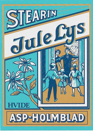 The vintage poster for Stearin Jule Lys by Asp-Holmblad features a family scene with three children and a Christmas tree adorned with delicate Swedish Red Christmas chime candles, in a blue and orange color scheme.