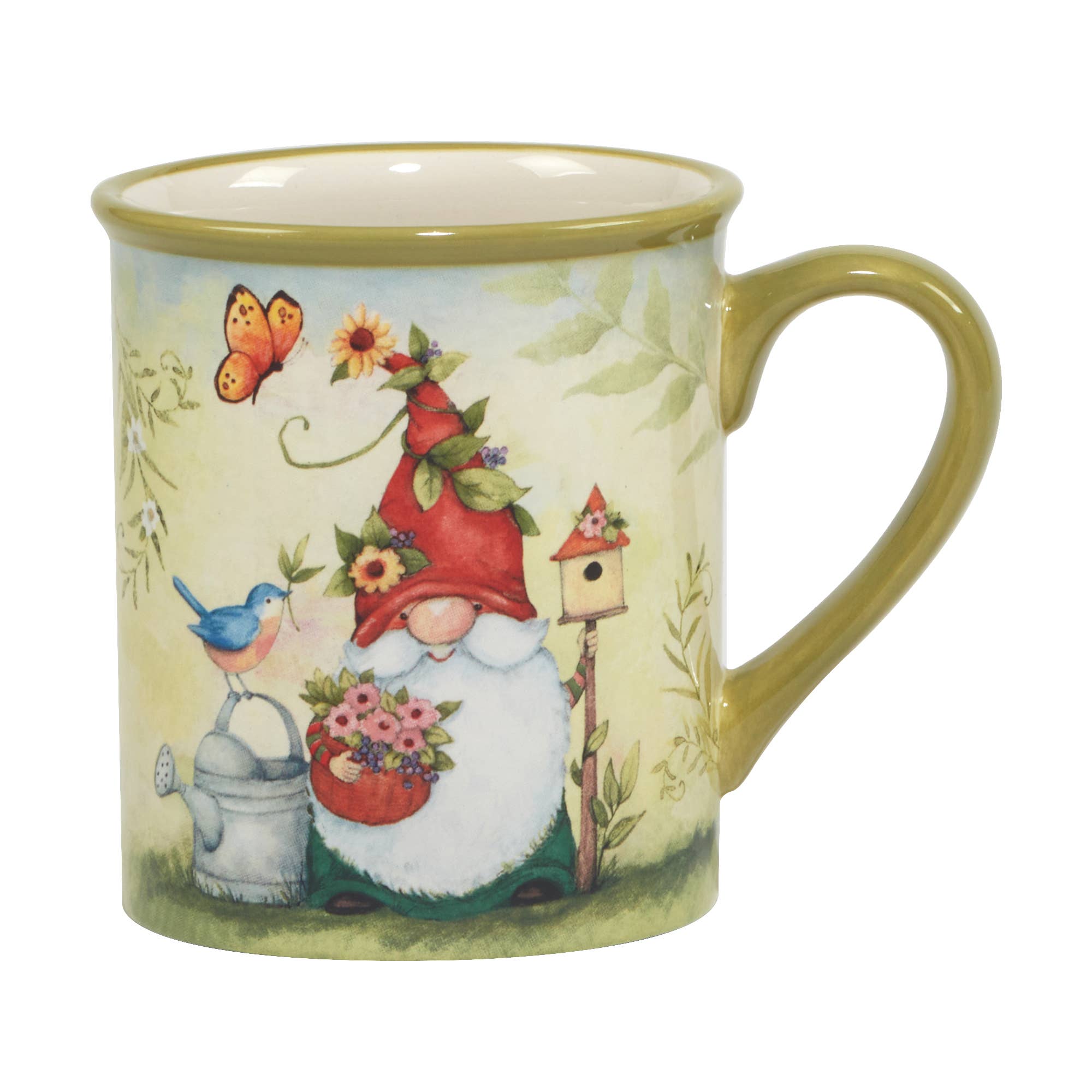 The 14 oz Garden Gnome Mug from our Enchanting Collection features four colors/patterns, each with a charming gnome in a nature-themed scene—flowers, bluebird, butterfly, birdhouse, and watering can included.