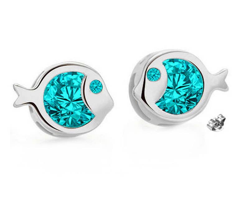 Earrings: Fish Shaped Swarovski® Crystal Silver Studs—with bright blue princess-cut Aquamarine bodies and sparkling eye stones—crafted in a refined 18K white gold finish.