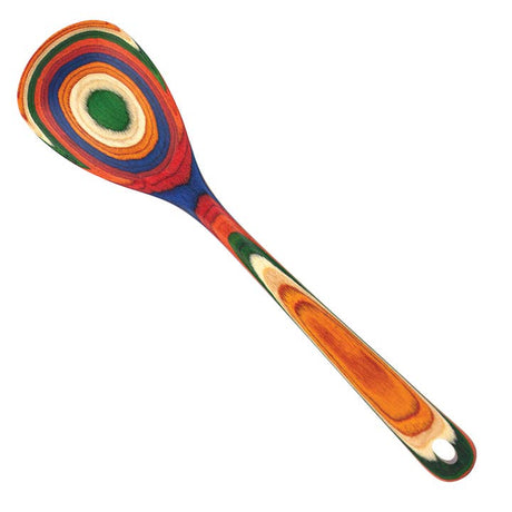 The Utensil: Marrakesh Mixing Wooden Spoon Birch features a multicolored, Marrakesh-inspired layered pattern in vibrant orange, green, blue, red, and natural birch wood.