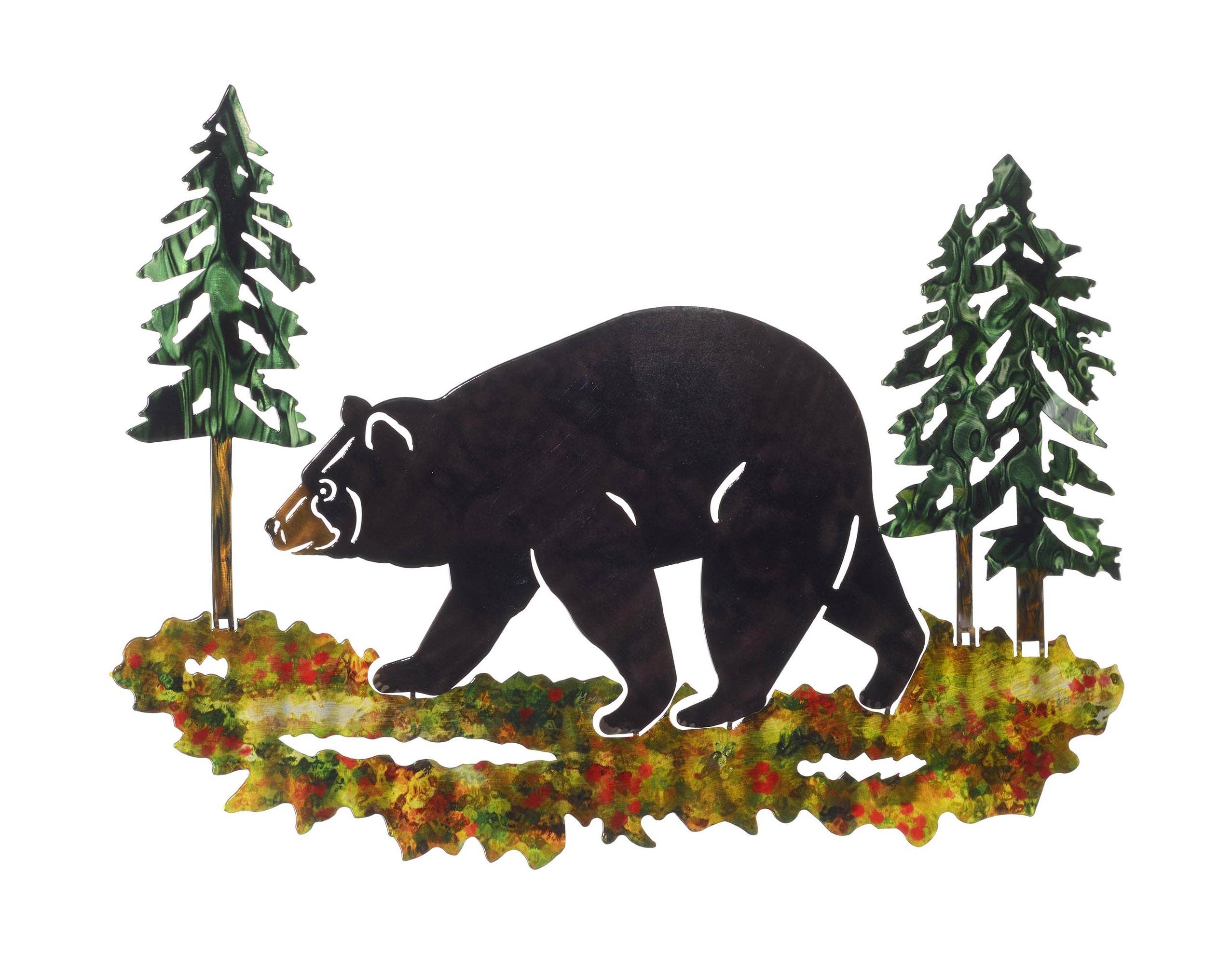 The Black Bear Wall Art features a metal silhouette of a bear elegantly walking among trees and foliage, making it a stunning addition to your home decor when displayed against a simple white background.