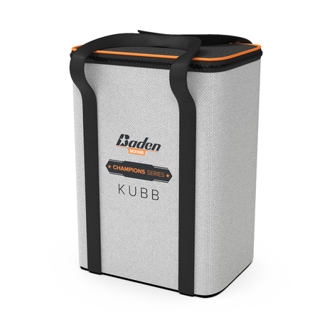 A rectangular, light gray carrying case with black straps, an orange zipper, and "Baden Champions Series Kubb" on the front—perfect for transporting your Game: Kubb Champions Series Yard Game Viking Chess Game to gatherings.