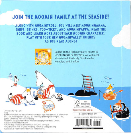 The back cover of "Book: Moominvalley Friends at the Seaside by Katariina Heilala Read and Play with Wooden Moomin Figures" features illustrated Moomin characters on a beach and invites readers to join the Moomin family and collect all the books.