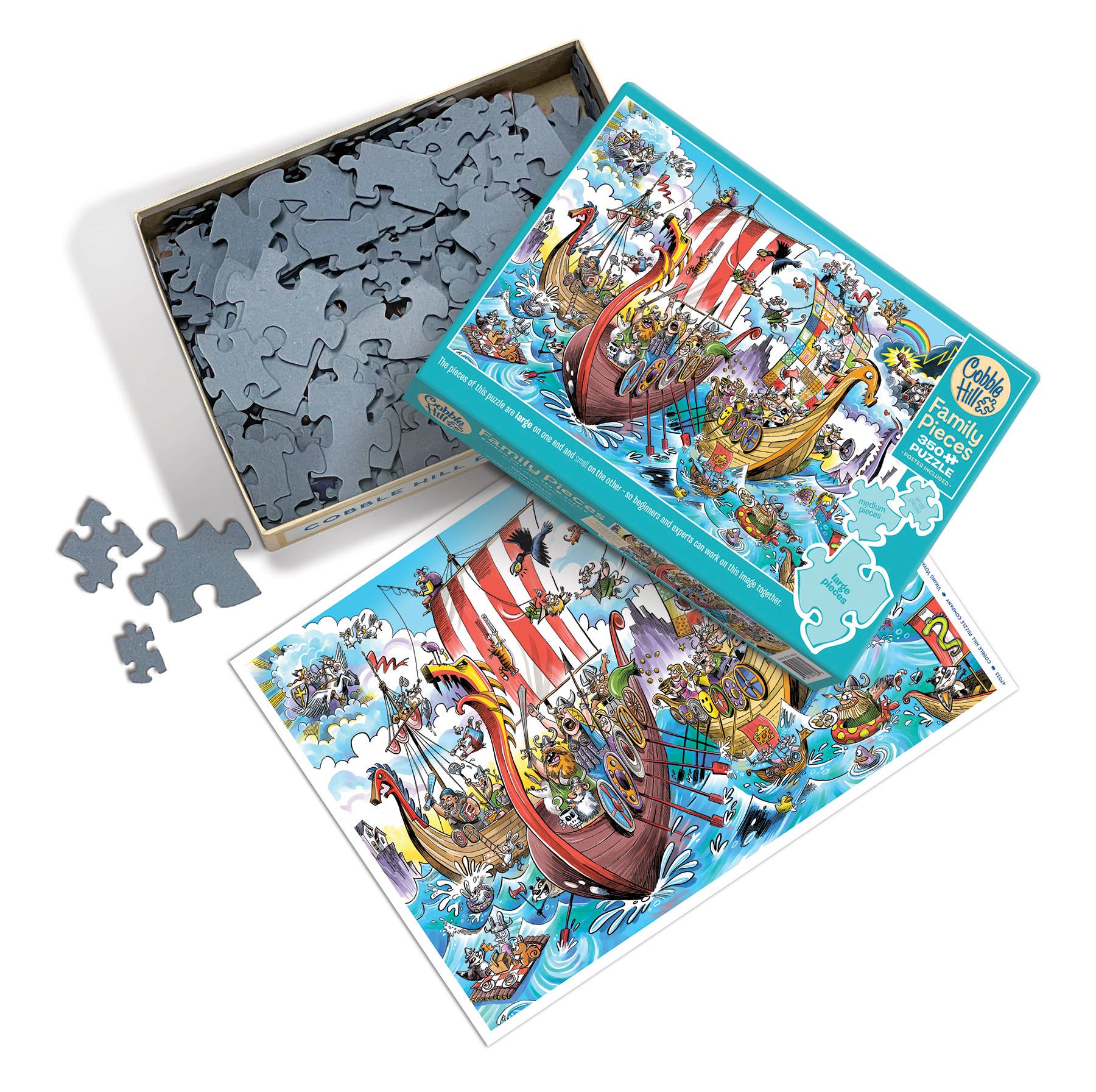 A Puzzle: Viking Voyage (Family) 350pc puzzle set featuring a cartoon scene with its pieces partly assembled.