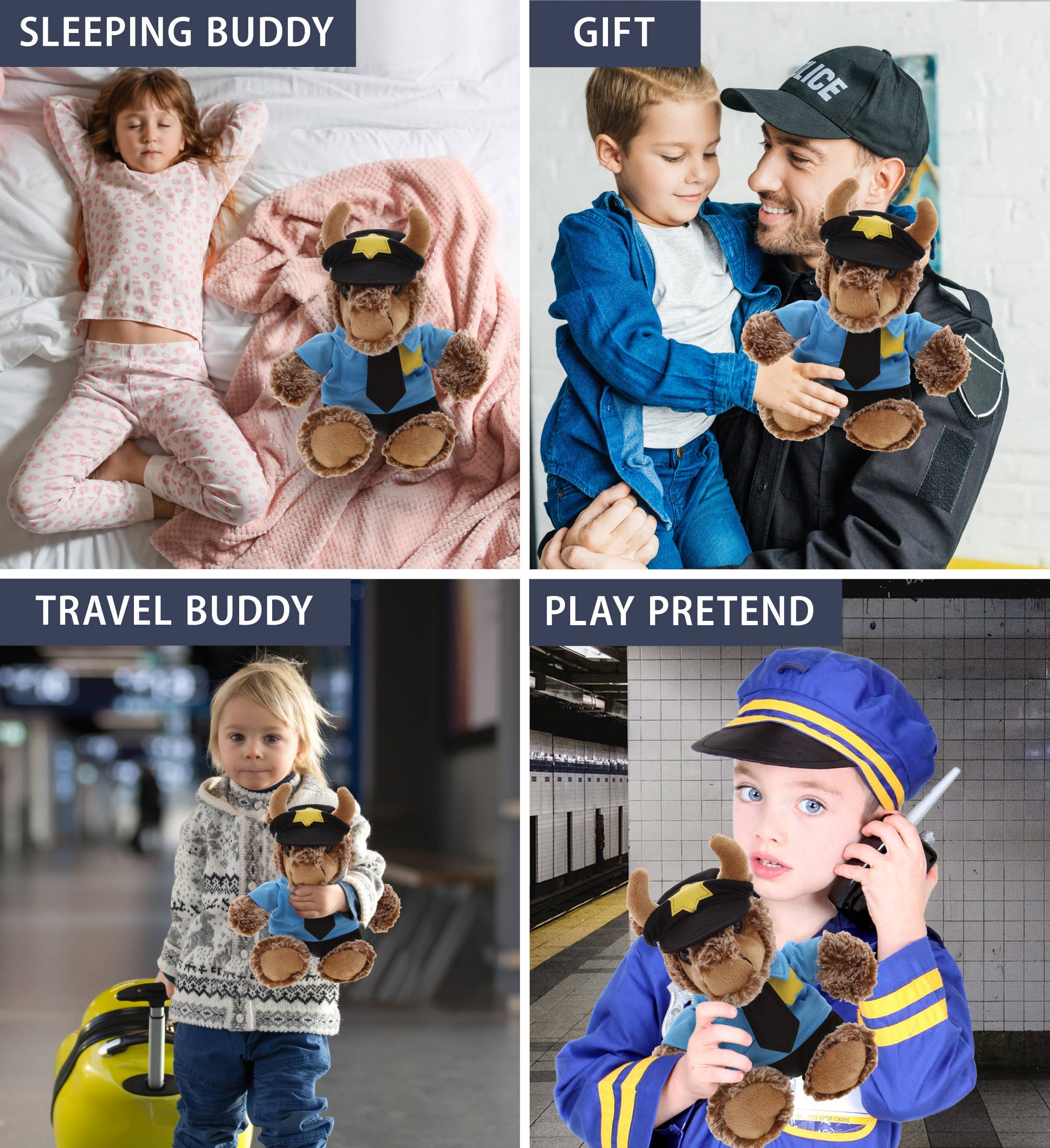 A collage of four images shows children with the Plush: Sitting Buffalo Police Stuffed Animal—sleeping, getting it as a gift, at an airport, and dressed up for pretend play.
