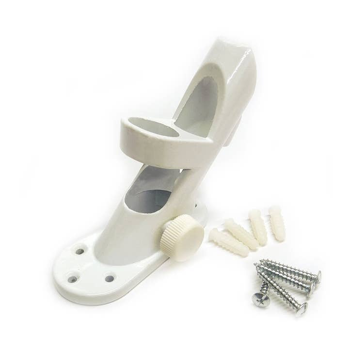 The Flag Pole: Flag Mounting Bracket - White Aluminum Bracket comes with mounting screws and wall anchors, displayed together on a white background.