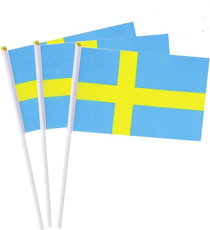 A trio of Swedish flags, each measuring 5"x8", featuring yellow crosses on blue backgrounds, are gracefully attached to durable white plastic poles.